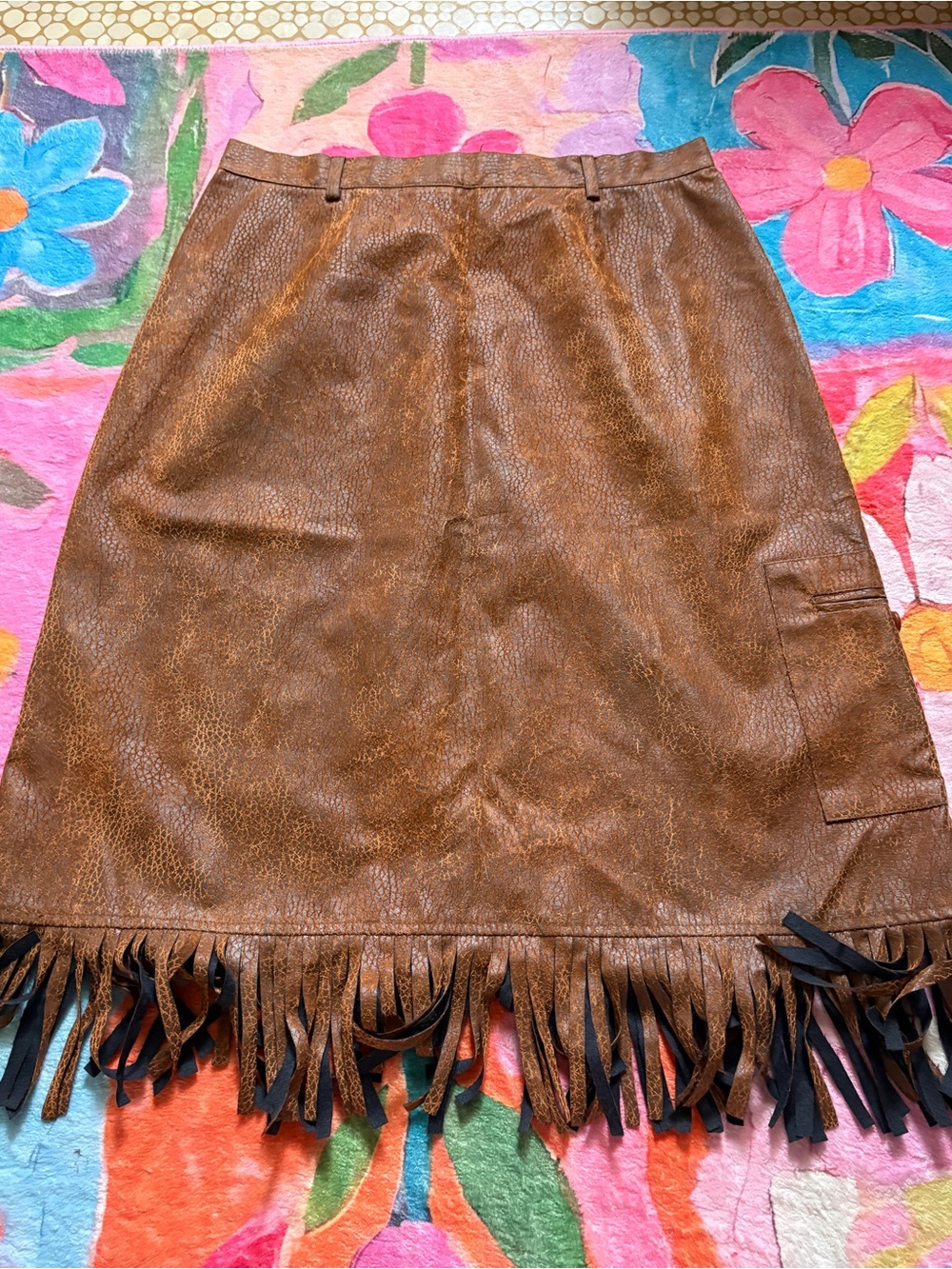 Brown Faux-Leather Fringe A-Line Skirt